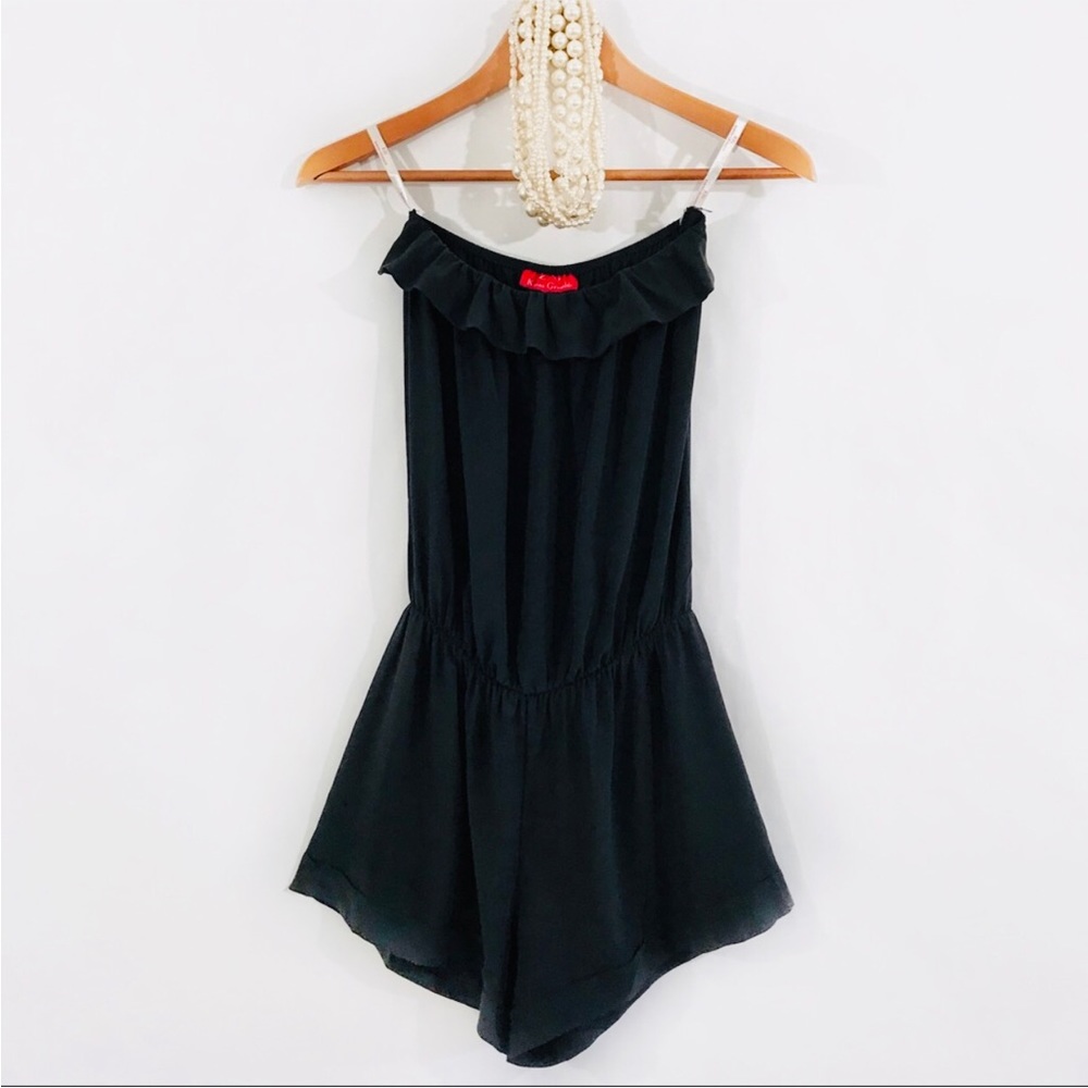 KARINA GRIMALDI Black Silk Ruffle Romper Strapless